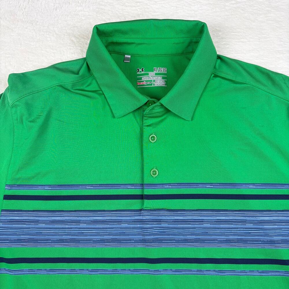 Under Armour Men XL HeatGear Golf Polo Shirt Wolf Creek Green Striped Loose